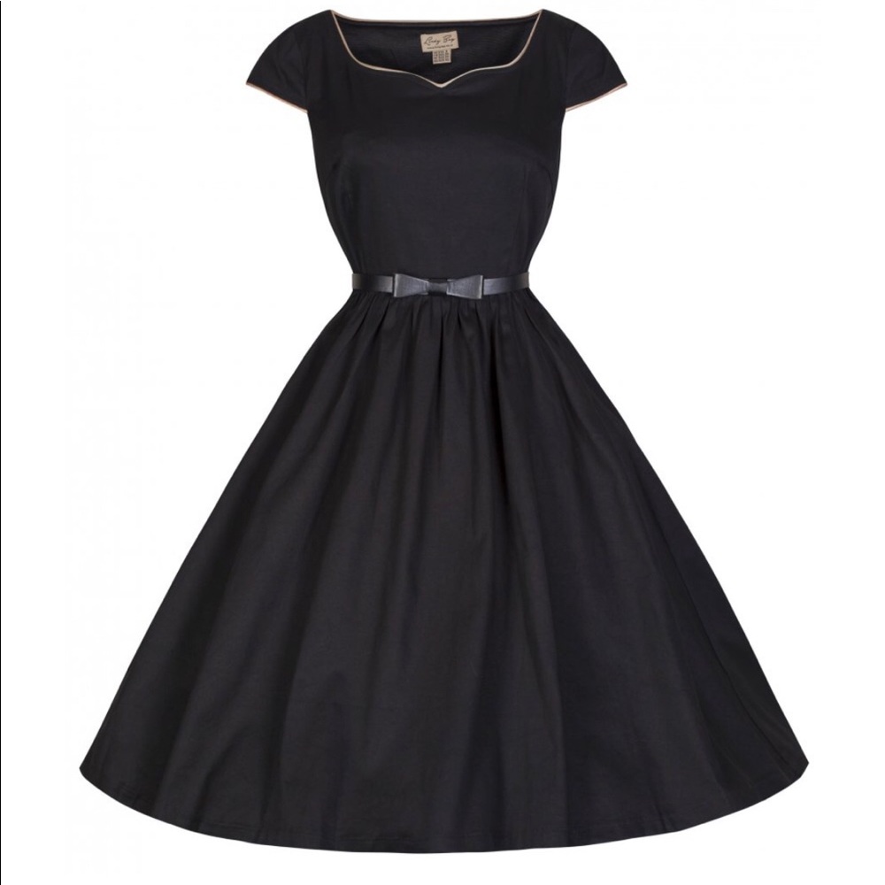 “Tara” Cap Sleeve Black Swing Dress